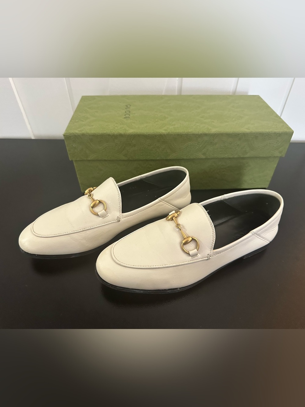 GUCCI Brixton Leather Horsebit Loafers in Mystic White 35 $990
